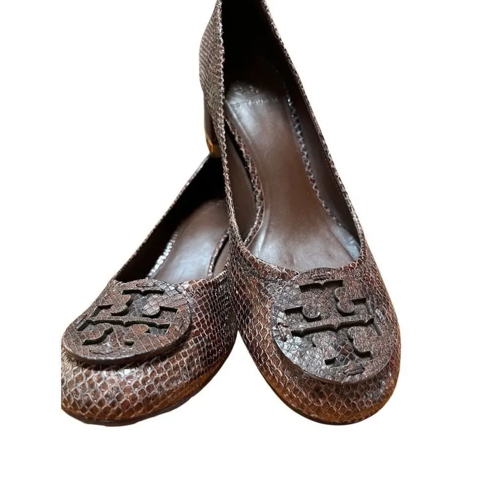 NWOB Tory Burch Amy Brown Snake Skin Leather Block Low Heels 10.5 US